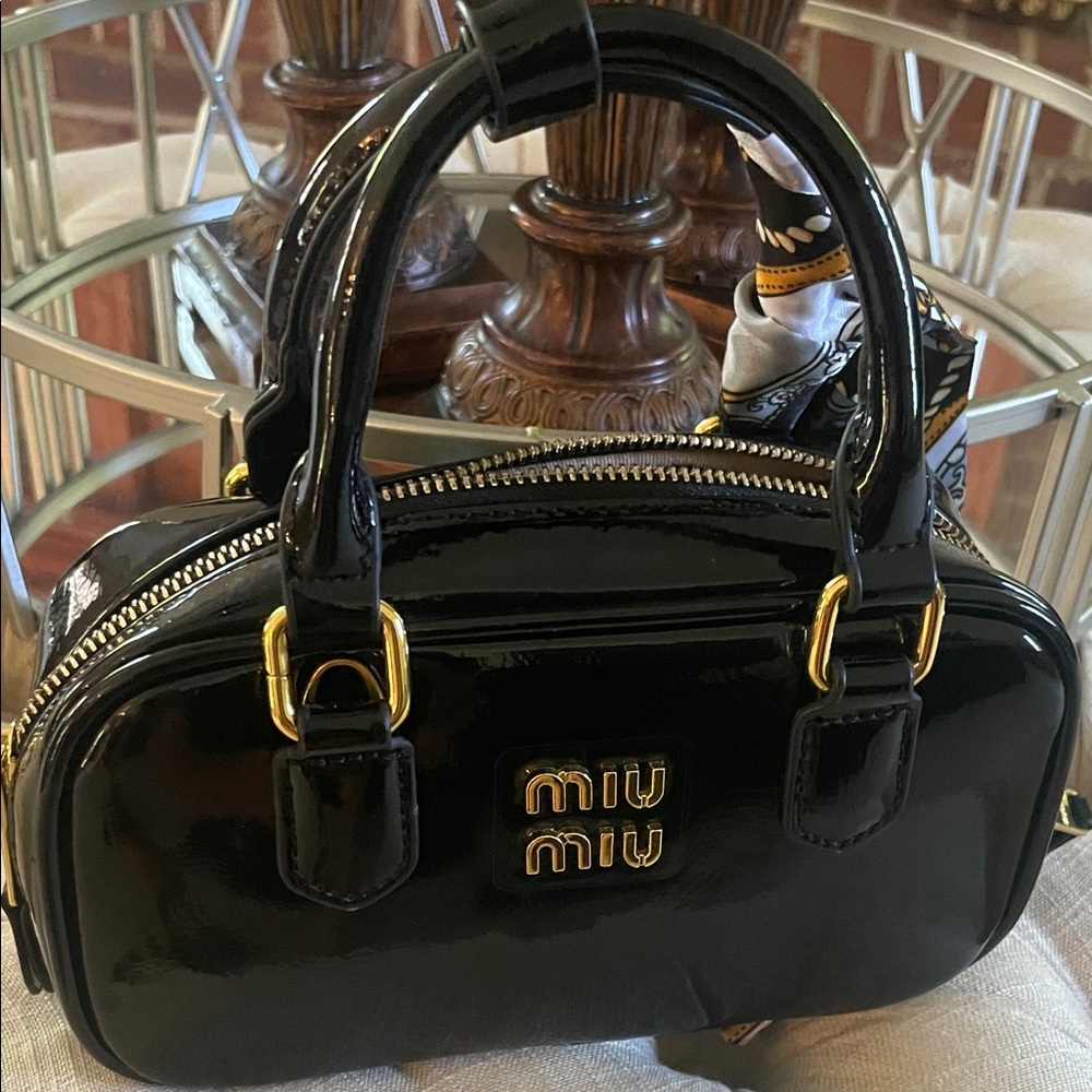 Miu Miu Black Patent Leather Mini Bowling Bag with Gold Hardware